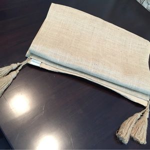 Pottery Barn burlap(ish) table runner with tassels - like new.  108 x 20